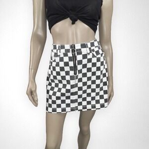 BDG‎ Medium Black and White Checkered Denim Zip Skirt Summer Grunge